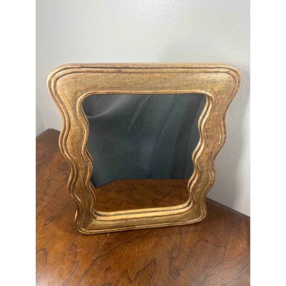 Wavy Wood Mirror Mango Wood Scalloped Brown Tabletop 12x10 Boho Cottage Decor